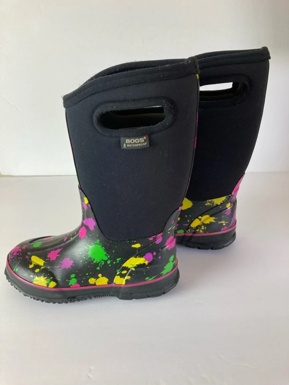 Bogs Waterproof Paint Splat Print Boots Black Purple Girl Size 2